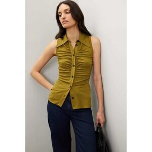 Proenza Schouler White Label Ruched Sleeveless Button Down Top Olive Green XS